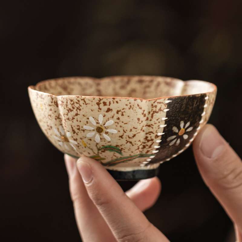 青花火石红陶瓷茶杯主人杯描金手绘小雏菊花口杯品茗杯子茶盏单杯