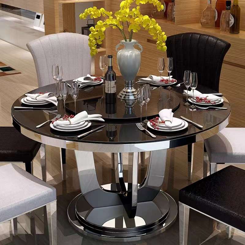 轻奢后现代不锈钢酒店大理石带转盘大圆桌餐桌家用套装餐桌网红桌