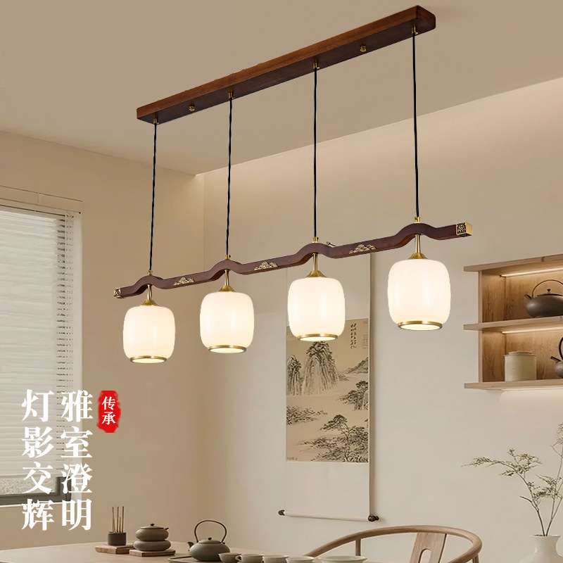 新中式餐厅吊灯全铜实木禅意茶室餐桌吧台灯三头长条饭厅灯具6338