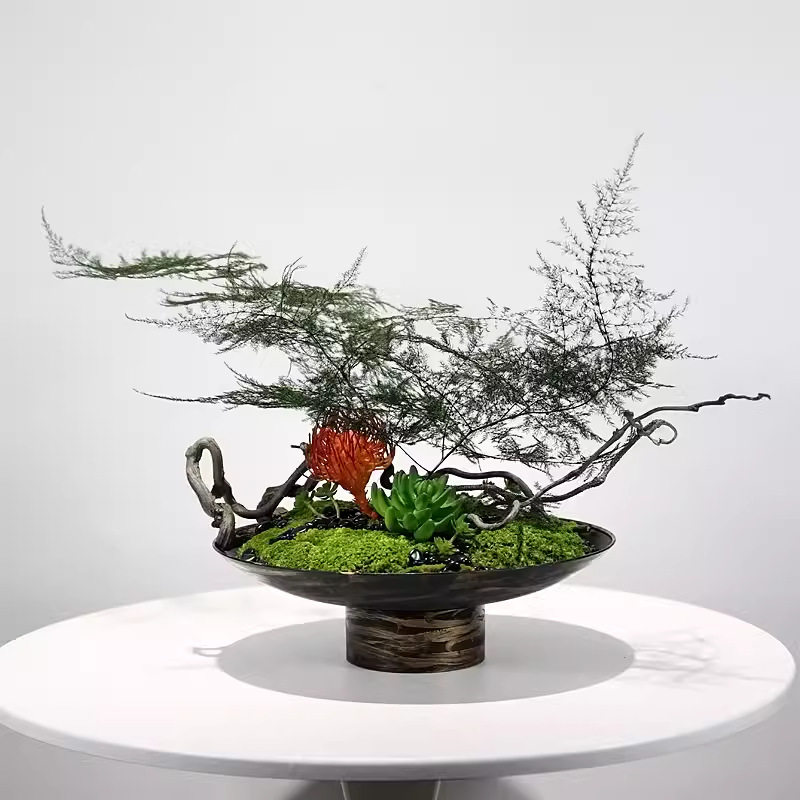 新中式现代酒店餐厅客厅大餐桌仿真花艺干花永生苔藓桌面绿植摆件