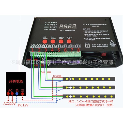 T-8000AC全彩幻彩LED跑马灯光同步控制器8端口KTV发光字5-24V调光
