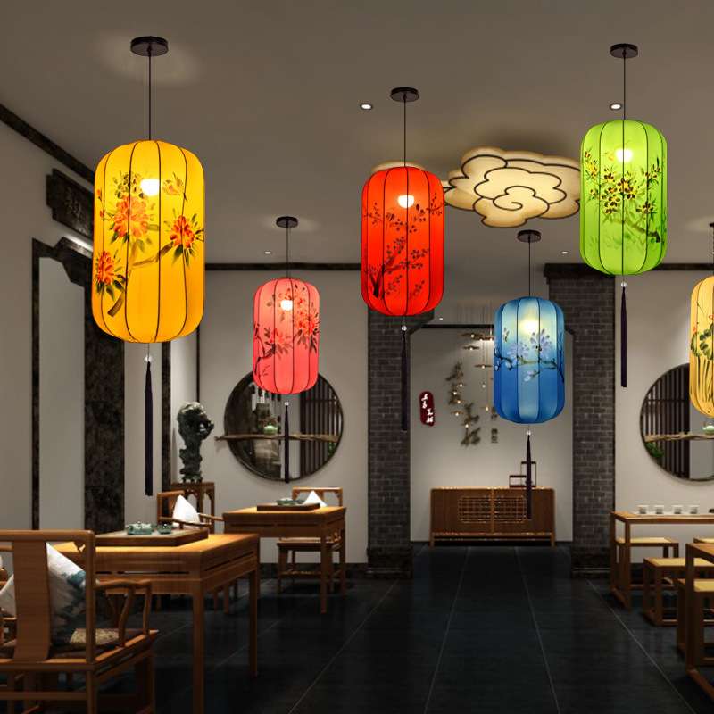 新中式手绘图案布艺吊灯火锅酒店景点仿古长形冬瓜形灯笼灯具