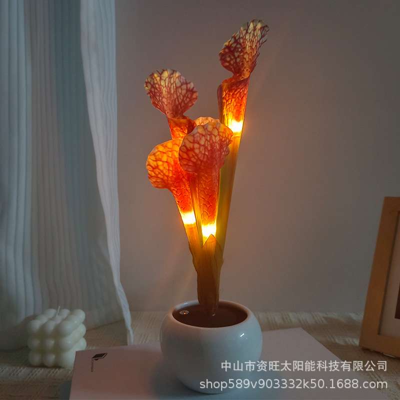 led郁金香瓶子草小夜灯室内仿真花束氛围灯充电款床头小夜灯
