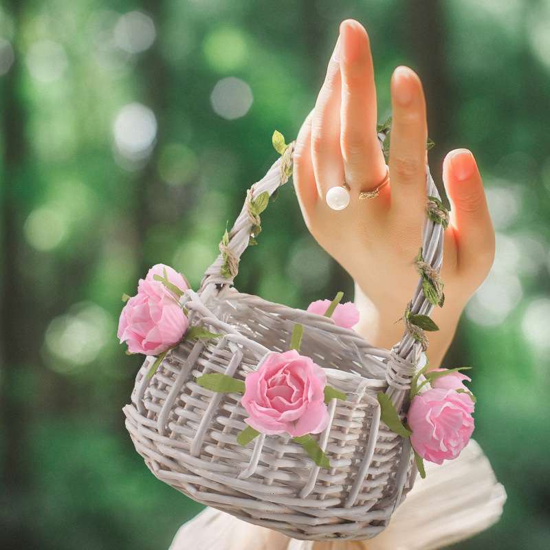 花童花篮 婚礼手提婚庆撒花瓣花篮 粉色公主婚礼手提篮伴娘花蓝