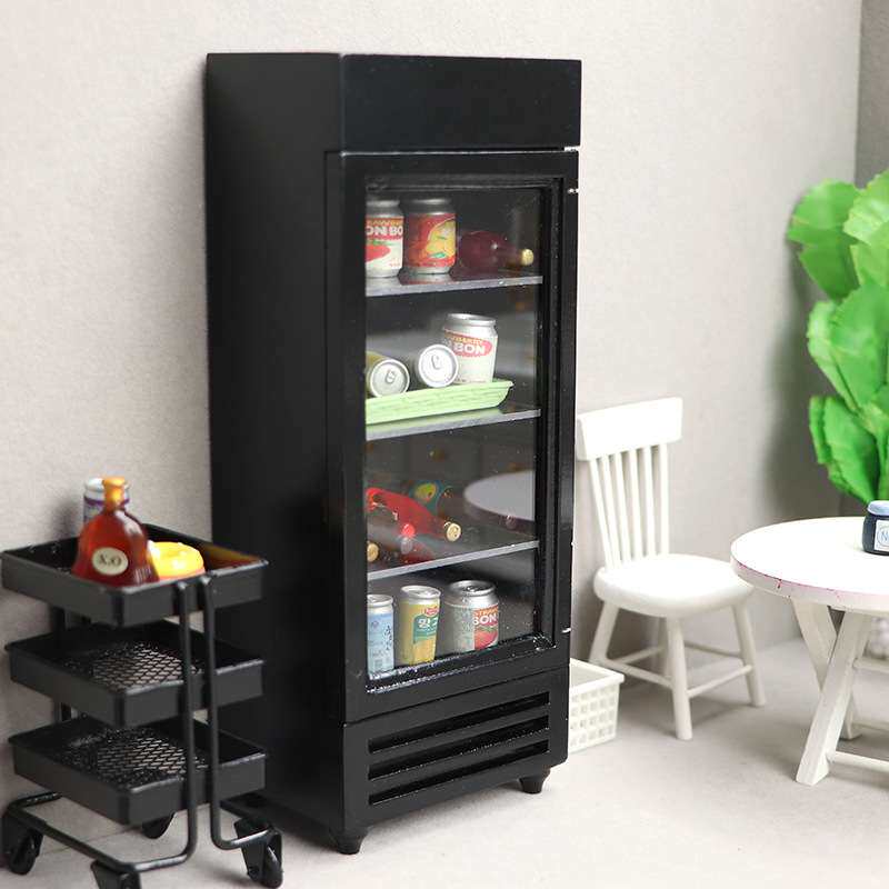 1:12娃娃屋dollhouse迷你家具木质冰箱商店微场景饮料彩色冰柜