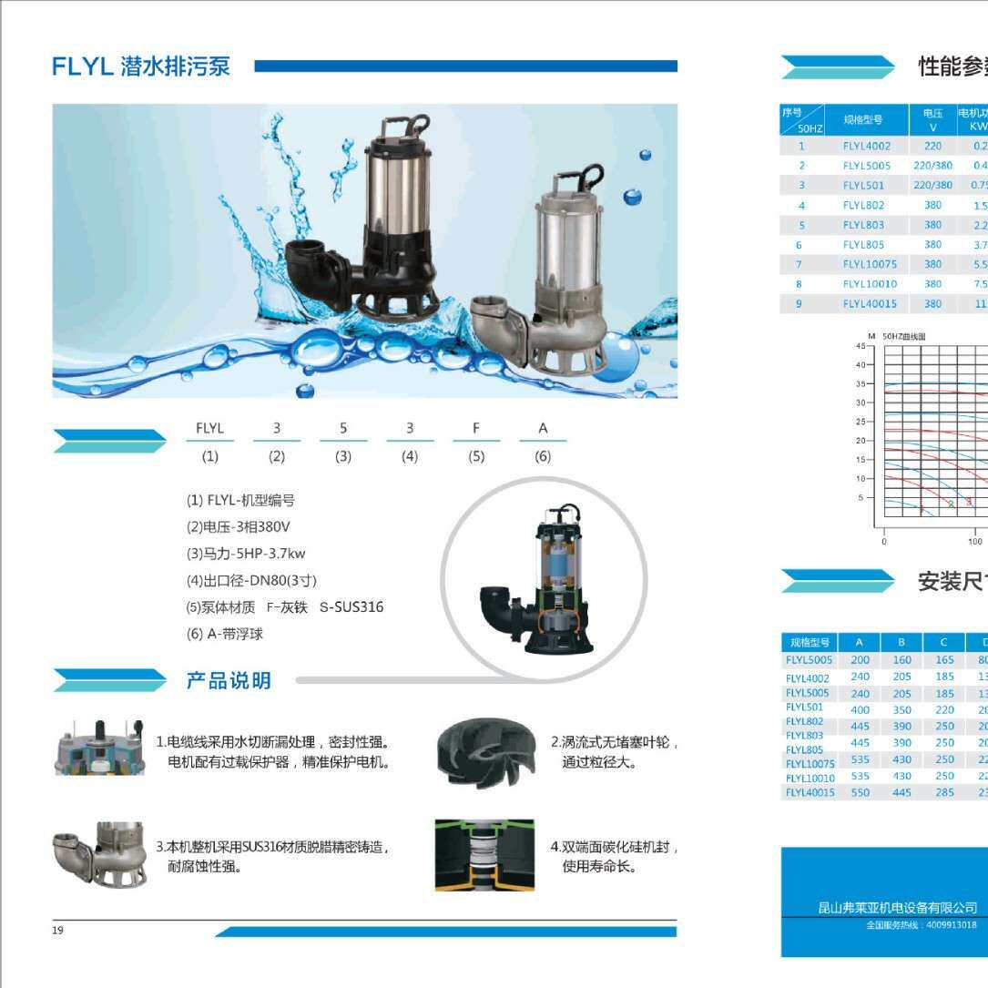 弗莱亚泵业FLYL501T无堵塞潜水排污泵进国外款系列1P