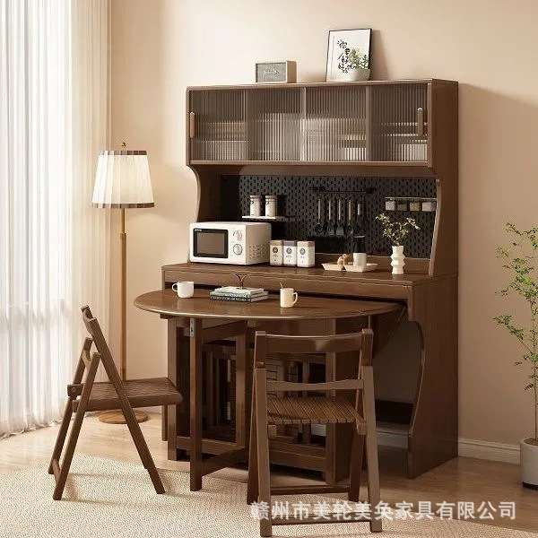 现代实木餐边柜餐桌一体小户型收纳柜吧台储物靠墙可伸缩折叠圆桌