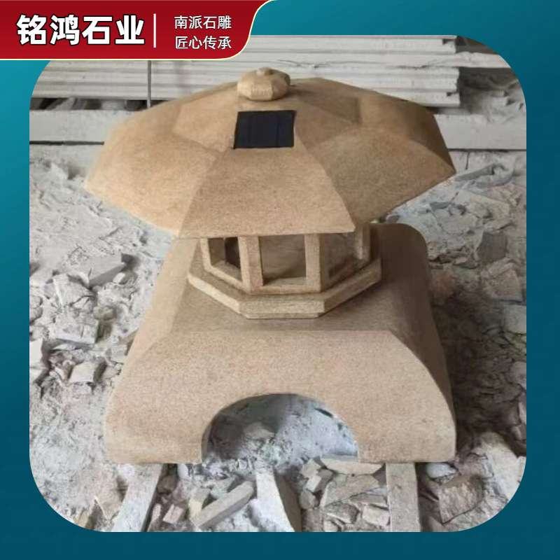 六角顶盖镂空照空石灯日式仿古灯塔庭院园林做旧石雕灯笼雕塑摆件