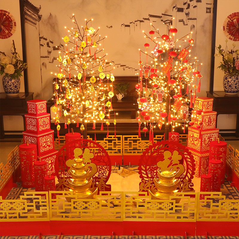 过新年春节装饰品摆件大型场景布置2026马年网红树灯彩灯堆头套餐