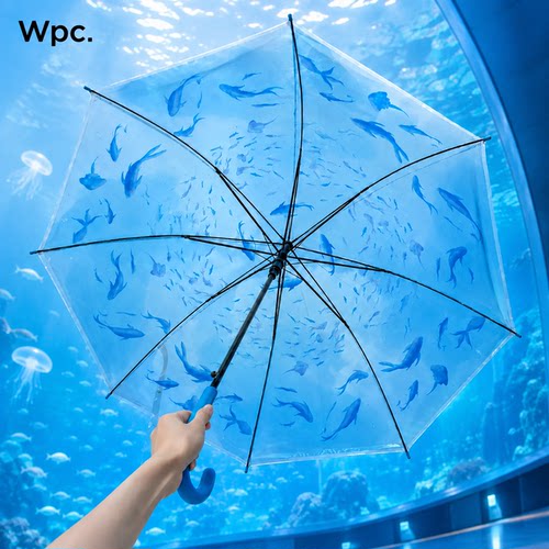 wpc水族馆透明长柄手动雨伞