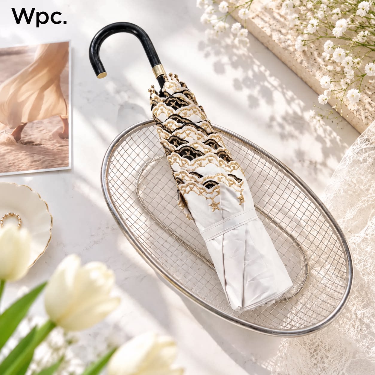 wpc弯钩防晒伞小巧便携遮阳伞刺绣三折黑胶防紫外线晴雨两用伞