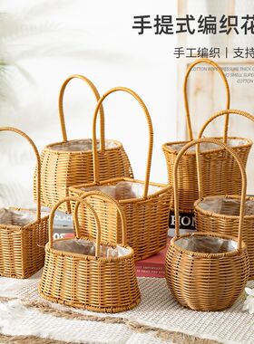 藤编手工花艺花篮金布衬小长方款田园风格仿藤手提式花器