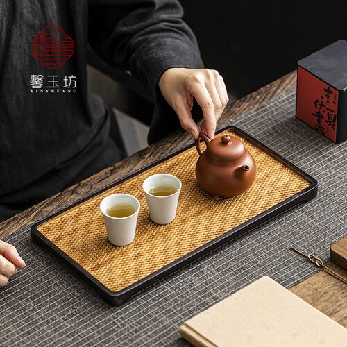 长方竹制鱼鳞纹干泡茶盘一壶两杯托盘小型泡茶台家用茶奉功夫茶具