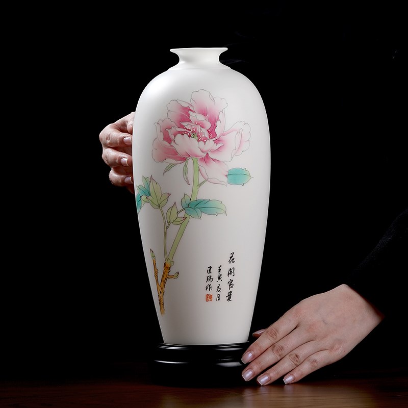 东方泥土手绘陶瓷花瓶中式风格书房客厅摆设 羊脂玉瓷家居装饰