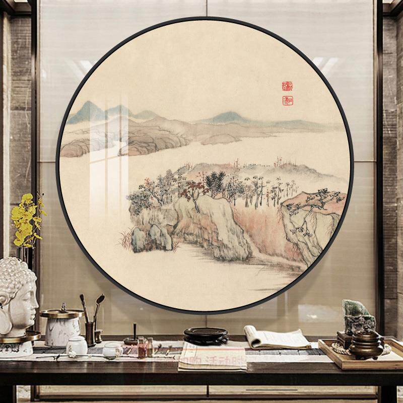 圆形山水风景画客厅入户玄关装饰卧室壁画沙发背景墙餐厅挂画简约