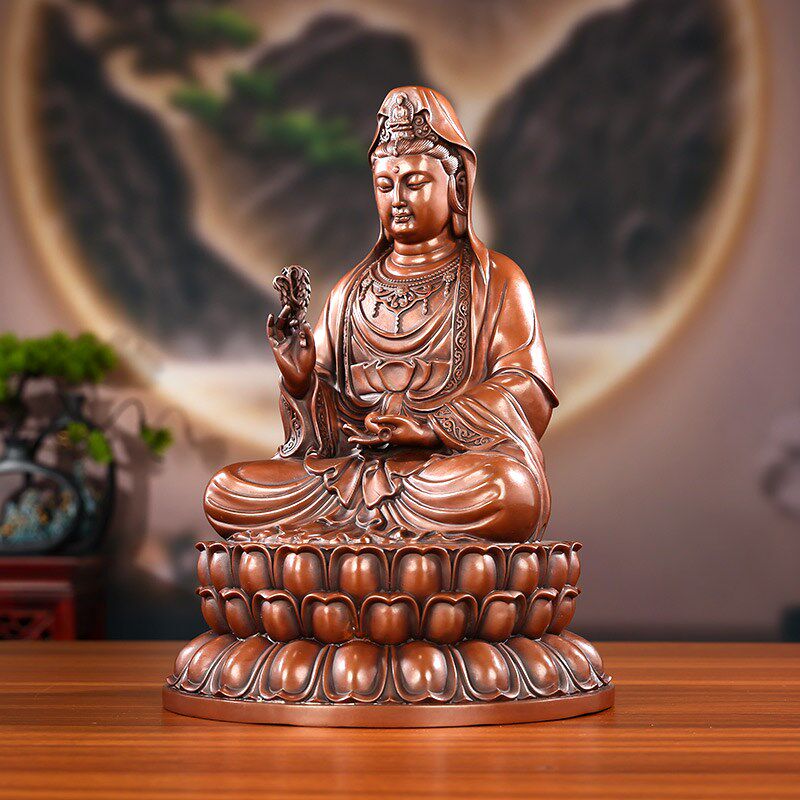 铜欣祥紫铜坐观音摆件人物像坐莲观音大自在像家居装饰工艺品