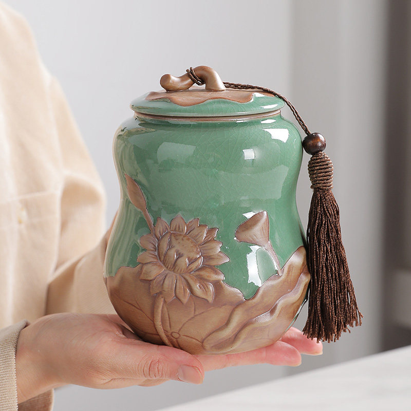 钿隆陶瓷哥窑荷花茶叶罐大小号普茶叶罐