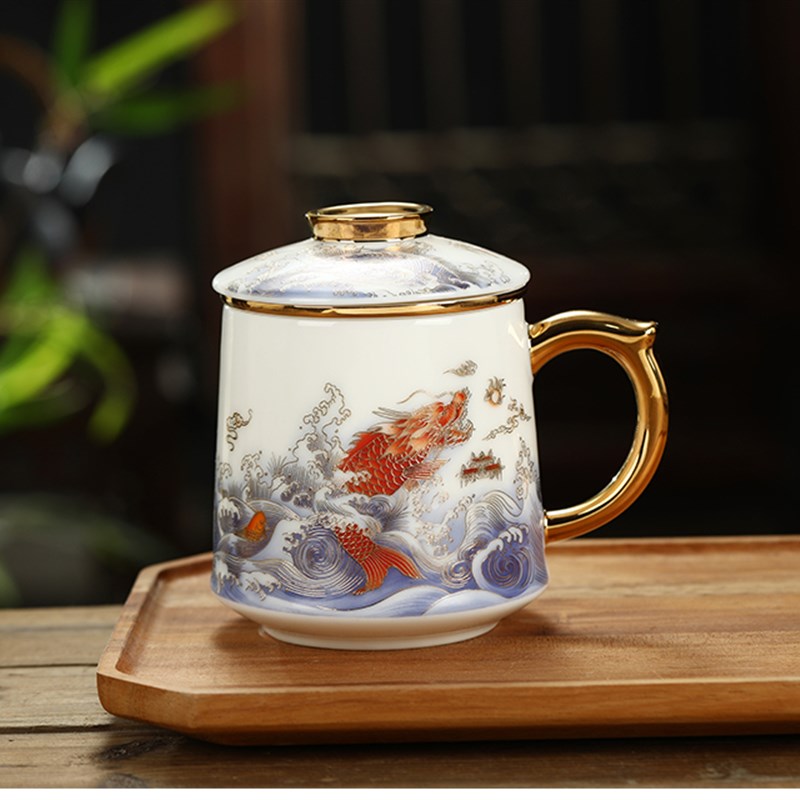 景德镇陶瓷茶杯带盖描金老板杯商务会议水杯办公礼品套装茶杯包邮