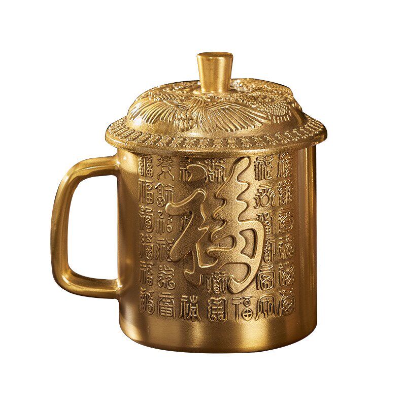 精美龙凤黄铜福寿茶缸水杯龙凤水缸办公室客厅杯子装饰品摆件茶杯