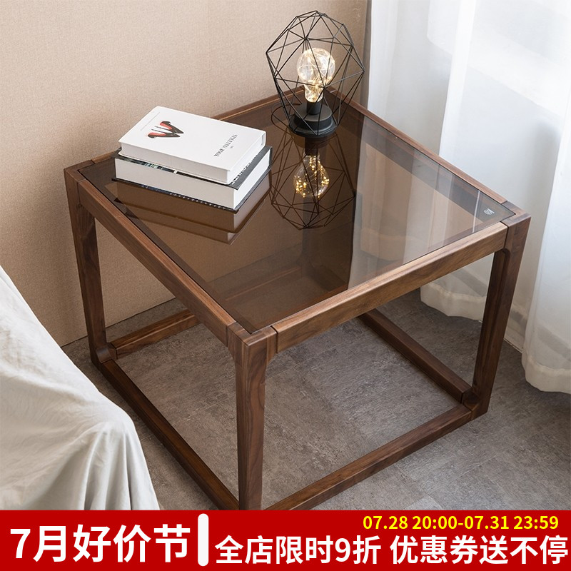 北美黑胡桃木实木边几角几小户型沙发边柜小茶几钢化玻璃客厅