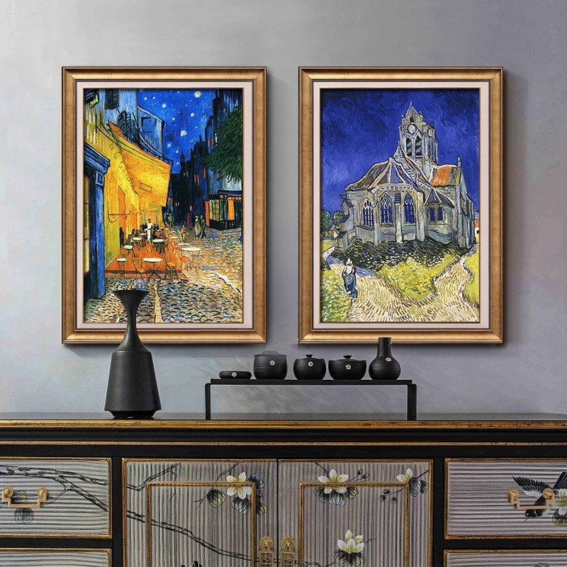 梵高咖啡馆欧式餐厅装饰画玄关挂画竖版壁画客厅沙发背景墙画油画