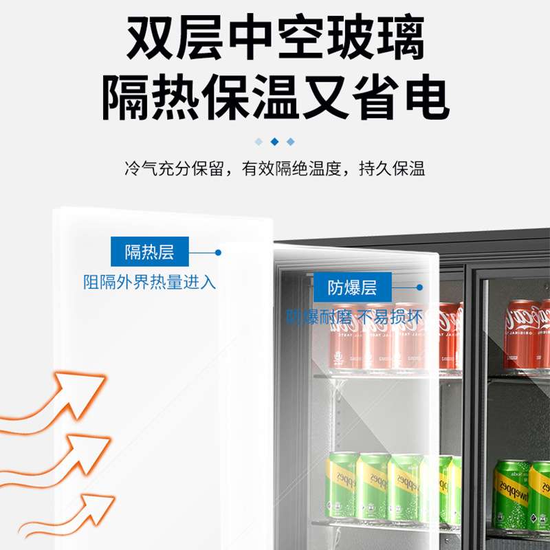 外贸商用酒吧啤酒柜嵌入保鲜展示冷藏柜三开门风冷吧台338L饮料柜