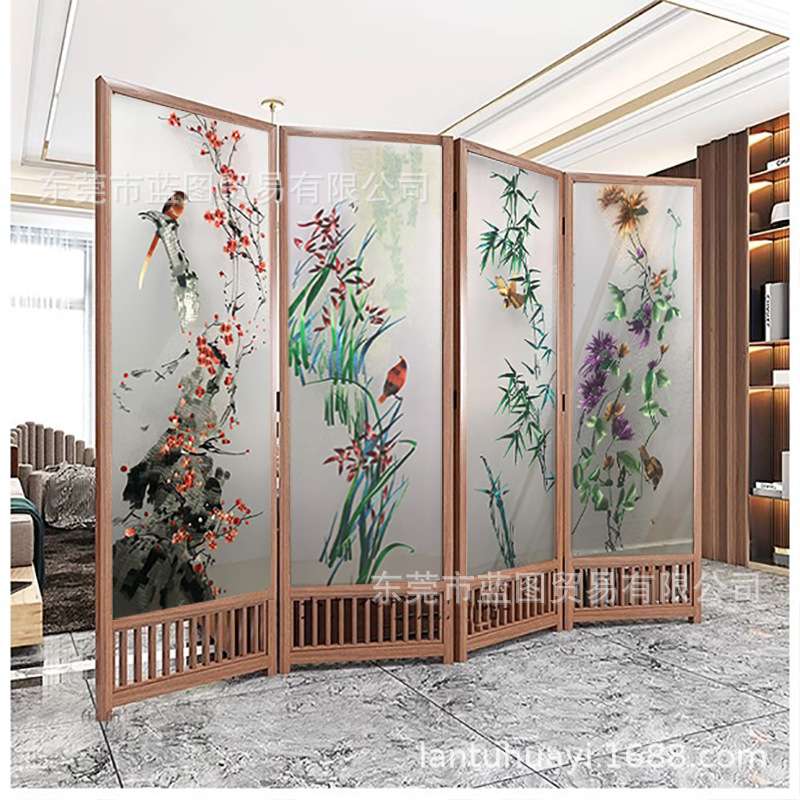 半透明纱布真丝绢单面刺绣双面刺绣屏风玄关画心梅兰竹菊四联折屏