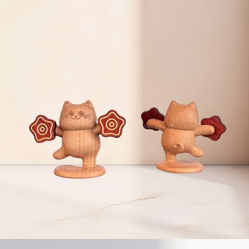 工厂直销榉木手绢猫摆件创意实木雕刻桌面饰品送礼丢手绢猫摆件