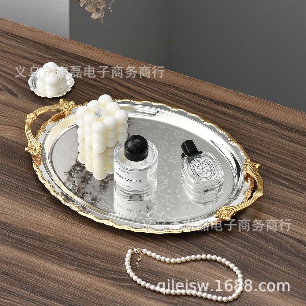 厂家新款银色金边水果盘欧式镀银复古工艺盘子酒店下午茶蛋糕托盘