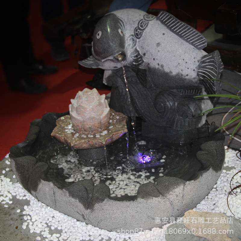 产地直销石雕鲤鱼流水摆件 精美室内石头风水鱼装饰 招财流水摆饰