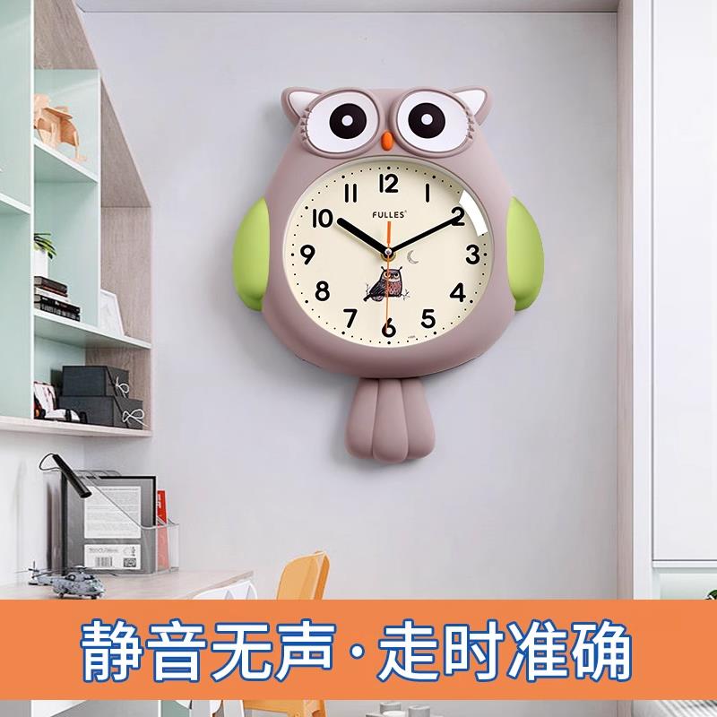 2025新款儿童房猫头鹰挂钟客厅卡通超静音时钟表挂墙卧室家用壁钟