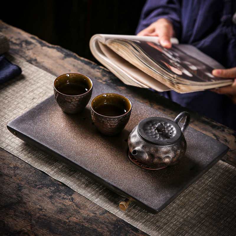 陶瓷茶盘 日式手工复古鎏金铁釉蓄水排水双用干泡盘小号茶台茶托