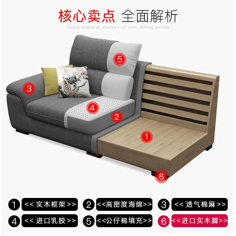 客厅家具布艺沙发组合小户型三人位可拆洗乳胶办公大户型舒适实木