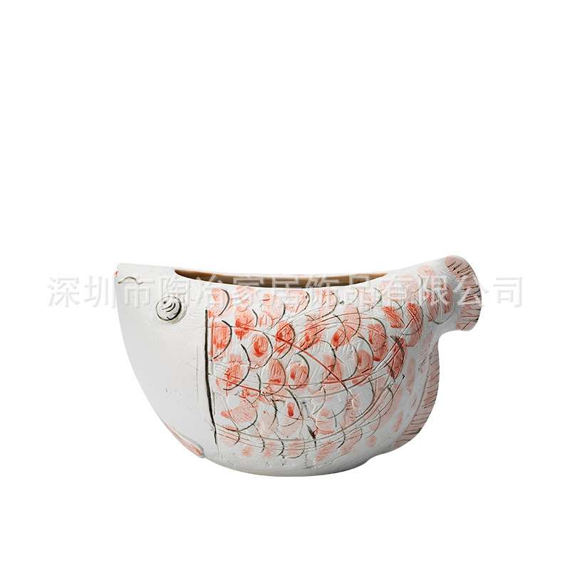 手工创意陶瓷祥鱼花瓶样板房工艺品客厅软装花器售楼中心装饰摆件