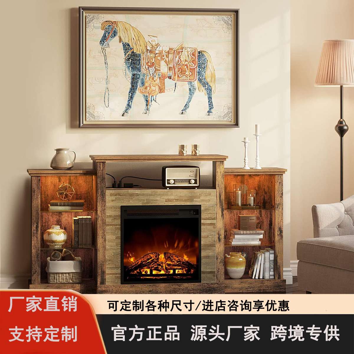 极简无缝壁炉电视柜电子火焰芯与踢脚线同厚嵌入安装