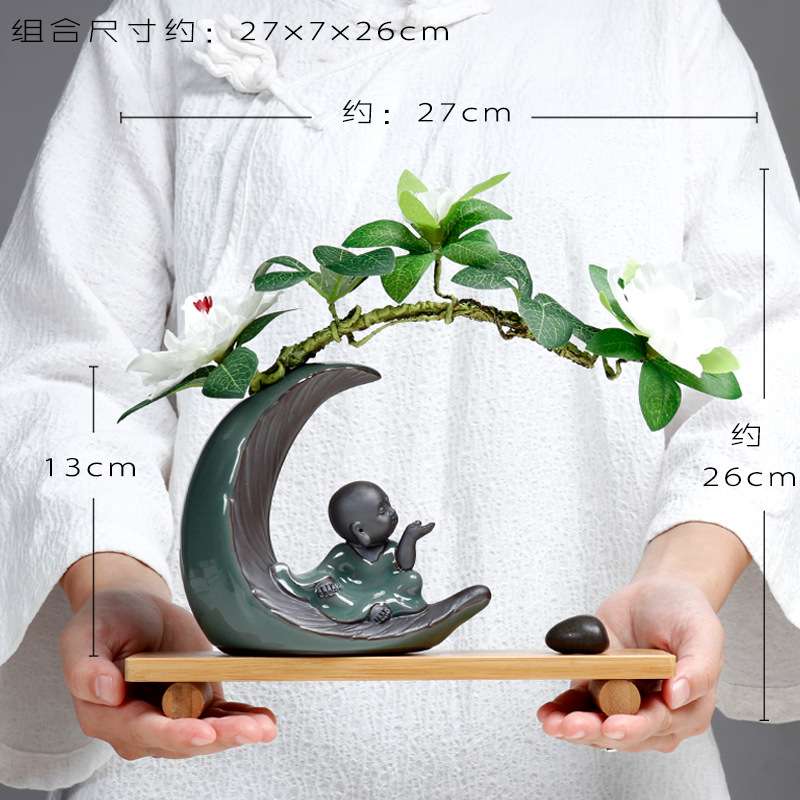 禅意小和尚陶瓷艺术品摆件居家送礼茶几办公室桌面装饰木工艺花瓶