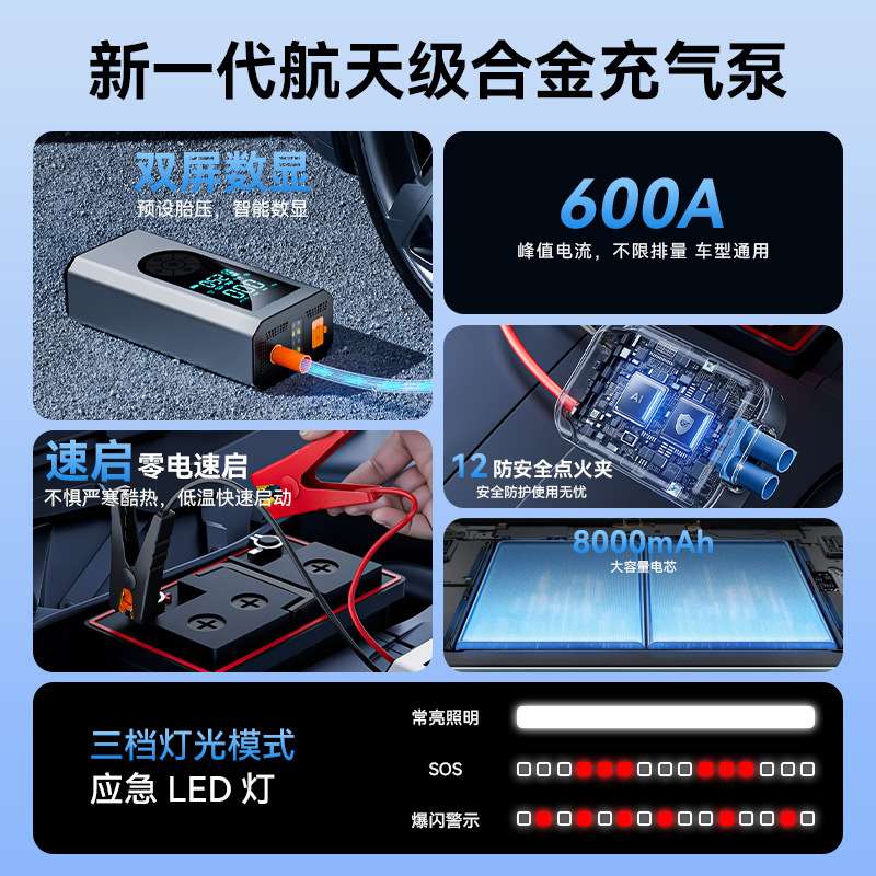 汽车应急启动电源充气泵一体机12v车载电瓶搭电宝车辆用打火神器