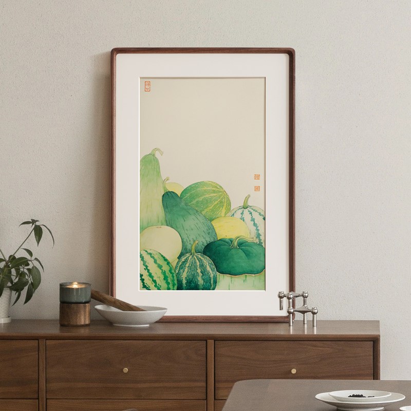 餐厅装饰画瓜果蔬菜丰收日式原木风法式实木榫卯画框双联网红挂画