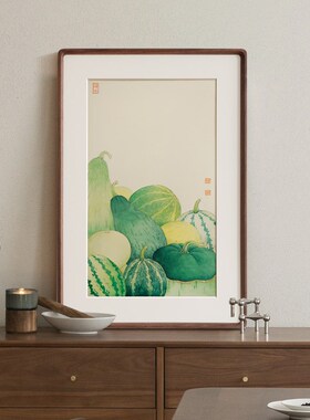 餐厅装饰画瓜果蔬菜丰收日式原木风法式实木榫卯画框双联网红挂画