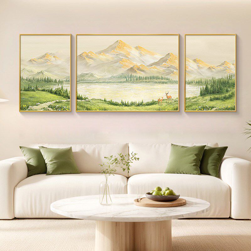 山水画客厅挂画2026新沙发背景墙装饰画日照金山手绘油画三联壁画