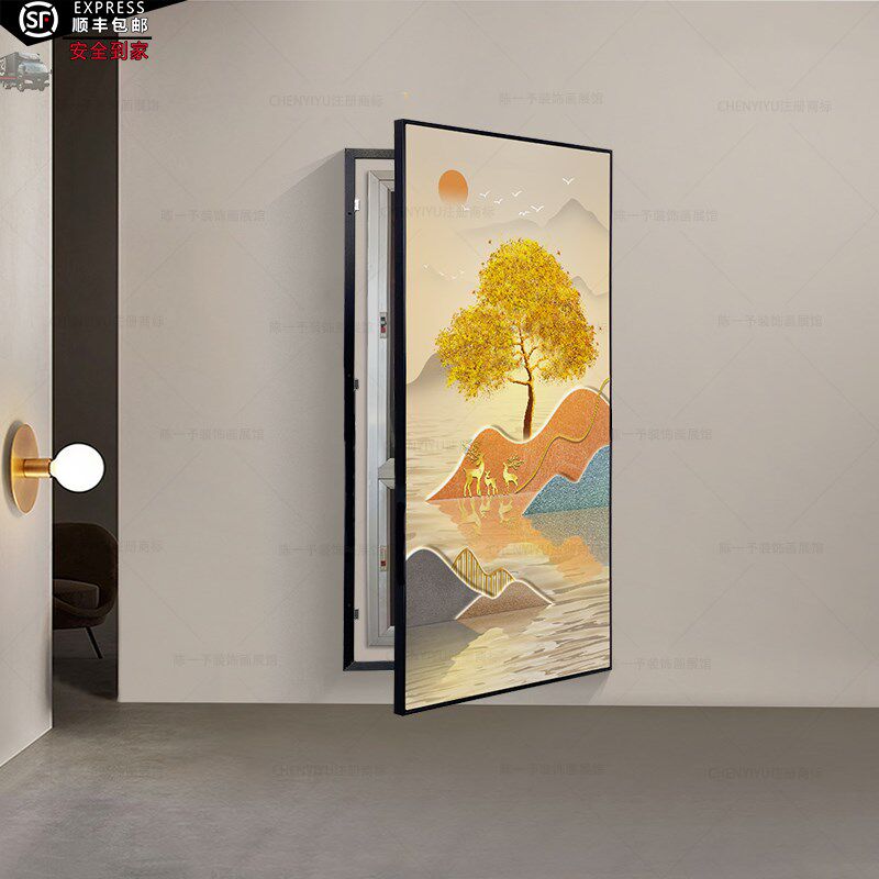 麋鹿玄关挂画配电箱新中式风格装饰画消防栓遮盖遮挡开门式装饰画