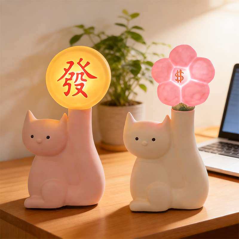 可爱猫咪造型发财小夜灯桌面摆件家居氛围感照明台灯收纳装饰品