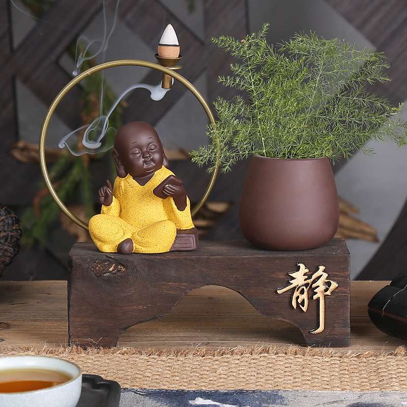 倒流香摆件 创意陶瓷福猪家居木制展架工艺品小和尚禅意中式摆件