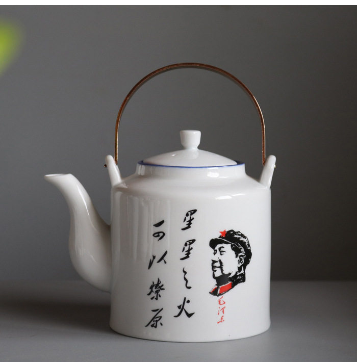 直销家用陶瓷茶壶大号仿搪瓷泡茶壶复古怀旧提梁壶1000多毫升单壶