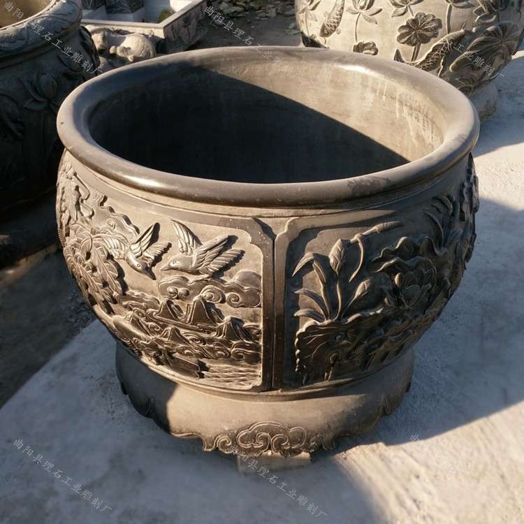 销售石雕水缸青石仿古鱼缸大理石门海做旧黑花盆庭院装饰石缸