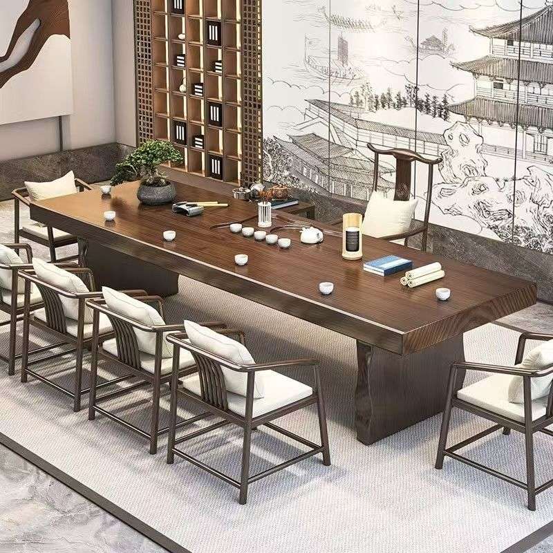 实木大板茶桌茶室泡茶桌办公室喝茶桌一体桌禅意直边茶桌长形茶台