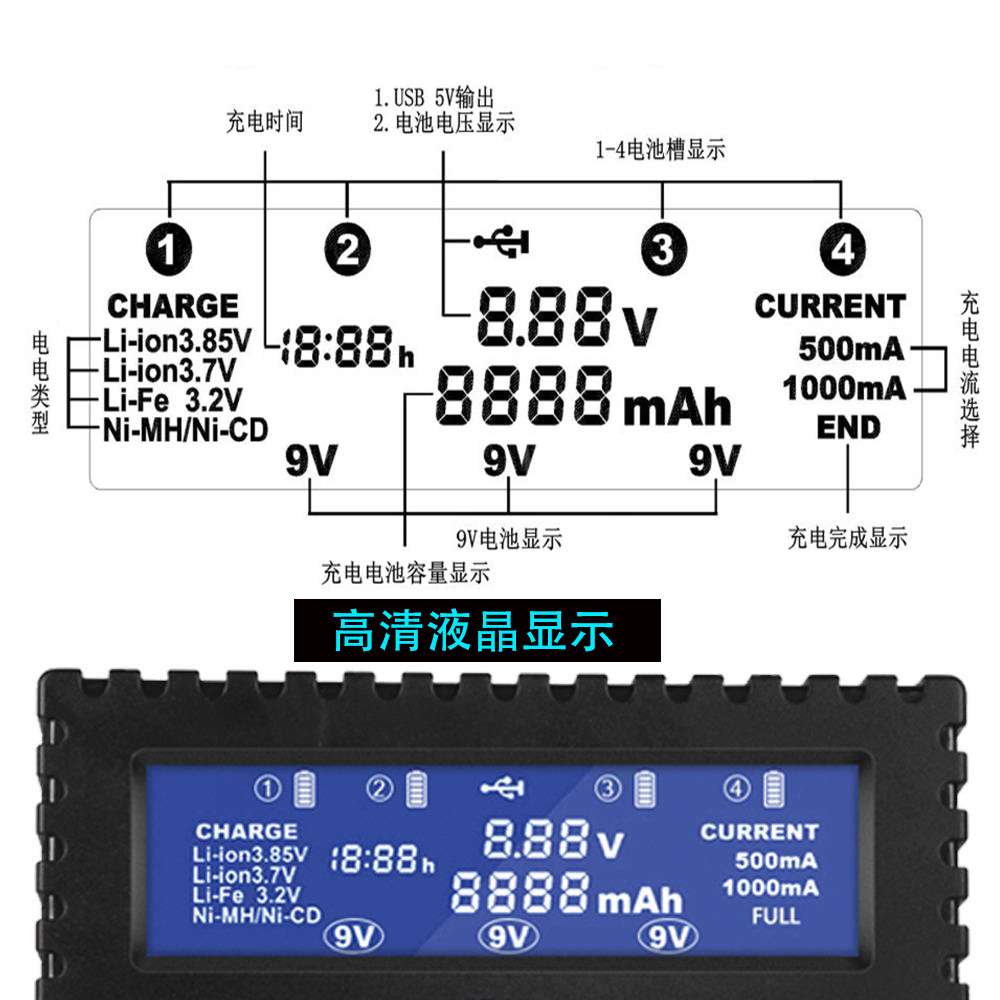 多功能锂离子电池镍氢AA AAA 18650 9V电池充电器 CH4辉拓