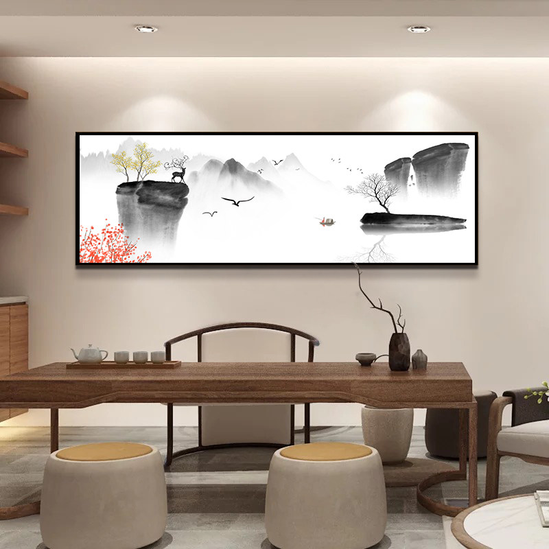 客厅装饰画网红茶室山水壁画江南水墨字画新中式床头挂画江山如画