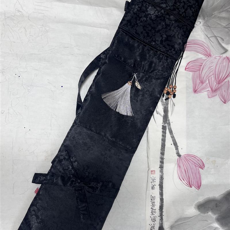 定制典雅黑玄语龙云锦缎多支装有分隔有背带有收纳笛箫长竿古琴袋