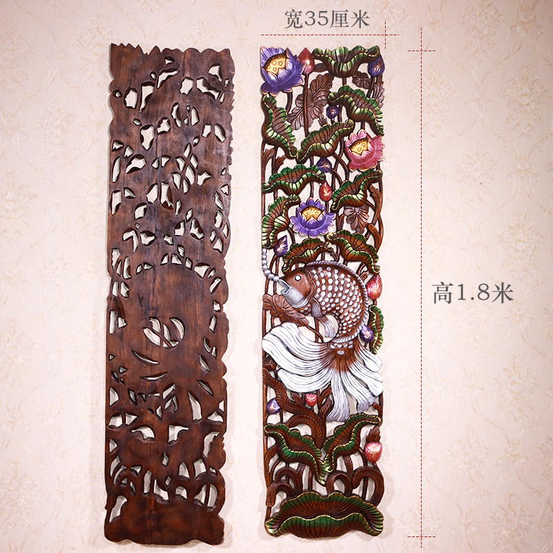 鱼壁饰泰国雕花板柚木荷花木雕墙饰富贵鲤鱼木制壁挂玄关装饰品